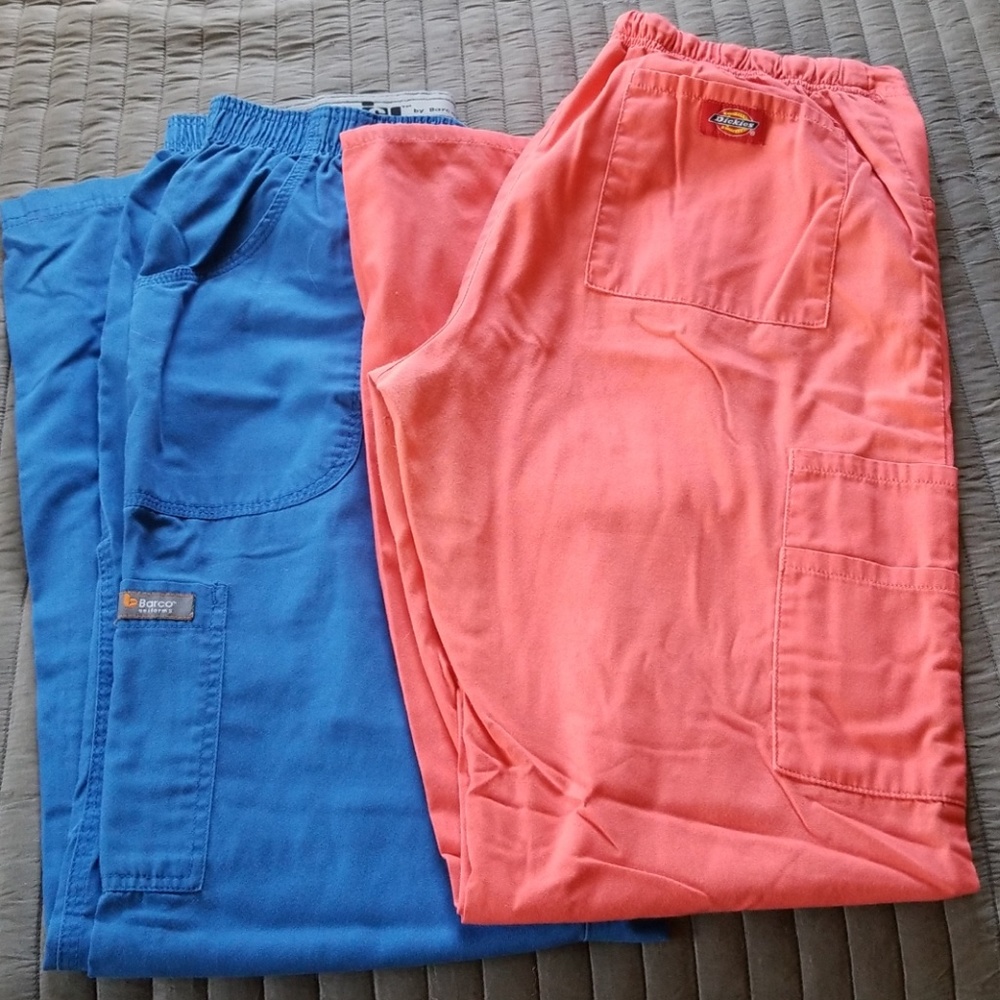 Blue barco icu scrub pants and pink dickies pants